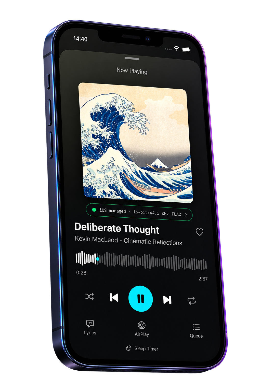 PureBit Now Playing với ảnh bìa, chất lượng bản nhạc và waveform