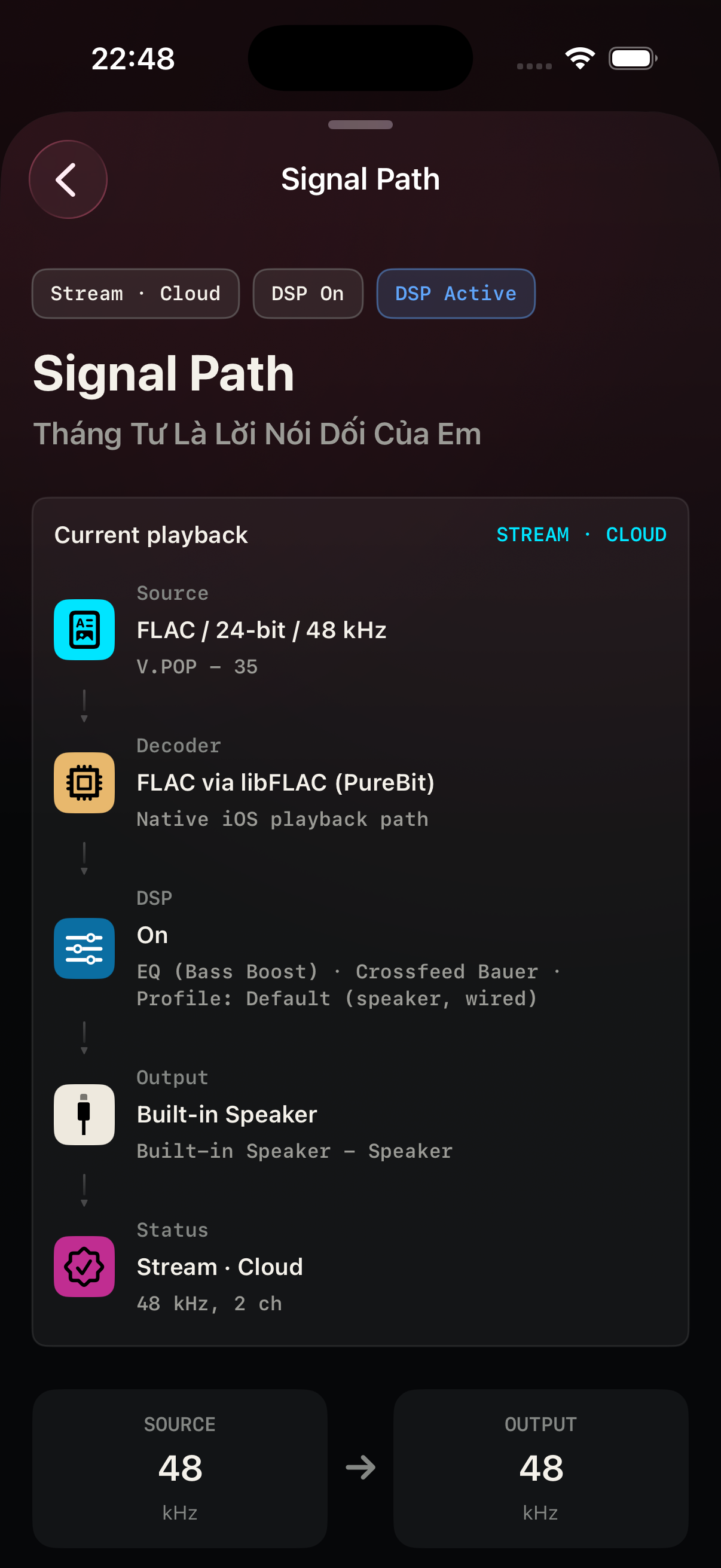 Màn hình Signal Path hiển thị nguồn, giải mã, DSP, đầu ra và trạng thái